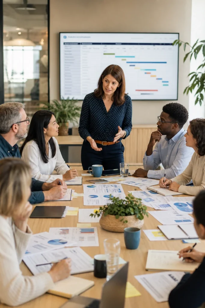 Atelier de travail en salle de réunion moderne : DRH, manager, représentants des équipes et consultante analysent documents et indicateurs autour d’une grande table, écran flou en arrière-plan, ambiance concentrée et collaborative