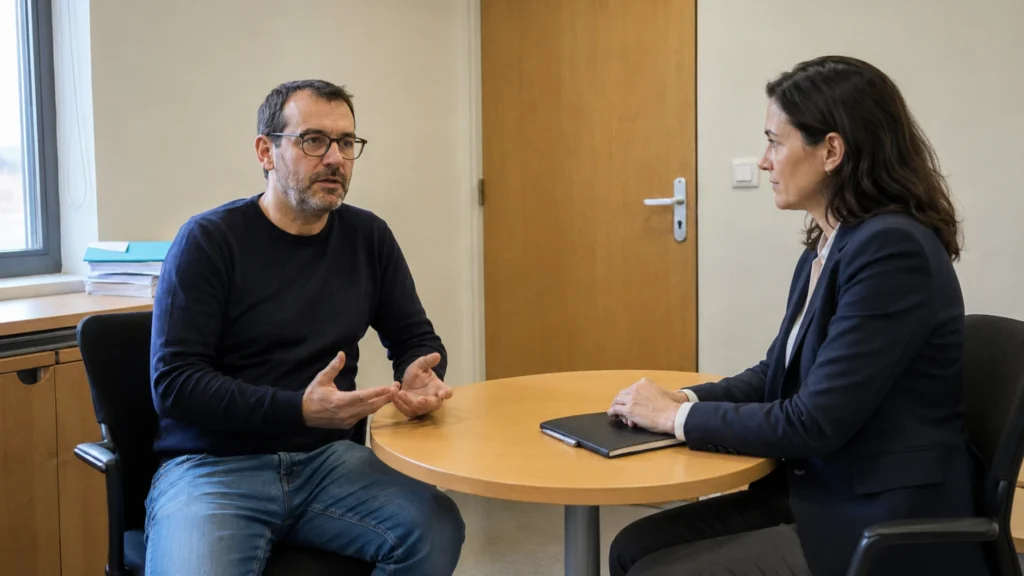 Salarié échangeant avec une professionnelle attentive dans un bureau fermé.