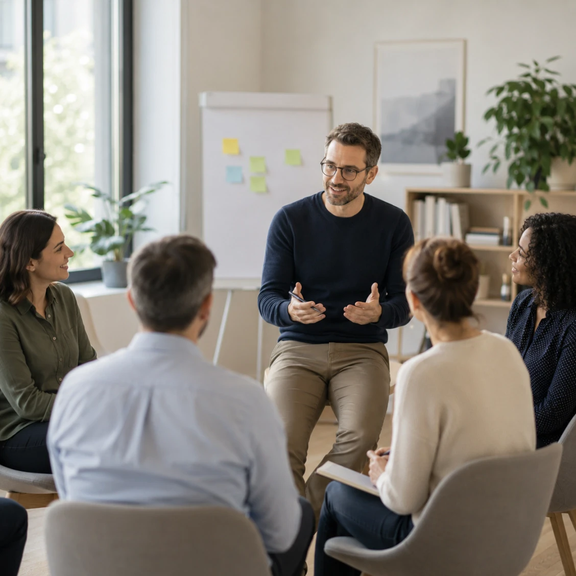 Séance de coaching managérial collectif favorisant le dialogue au travail, la coopération et le développement des pratiques managériales.