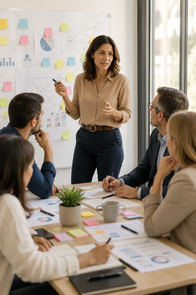 Consultante animant un atelier de diagnostic sur les causes de l'absentéisme avec une équipe de direction afin d'identifier les facteurs de risques psychosociaux en entreprise.