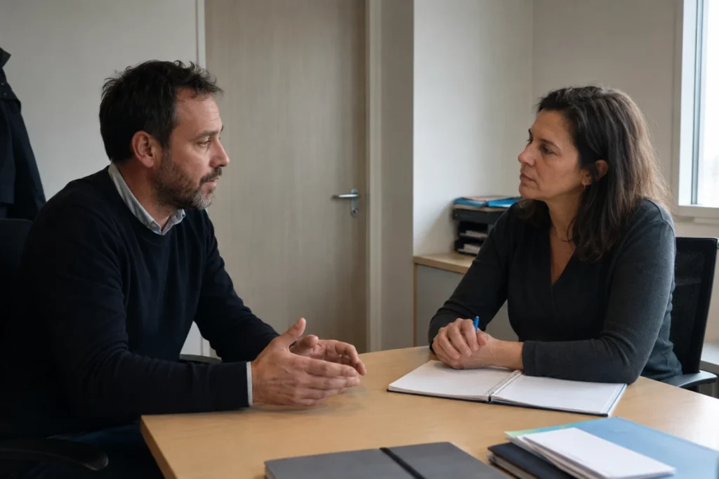 Salarié échangeant avec une professionnelle attentive dans un bureau fermé.