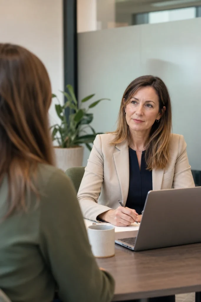 Professionnelle expérimentée recevant une collaboratrice dans un bureau lumineux et confidentiel, ambiance sécurisée et structurée, collaboratrice vue de profil pour préserver l’anonymat