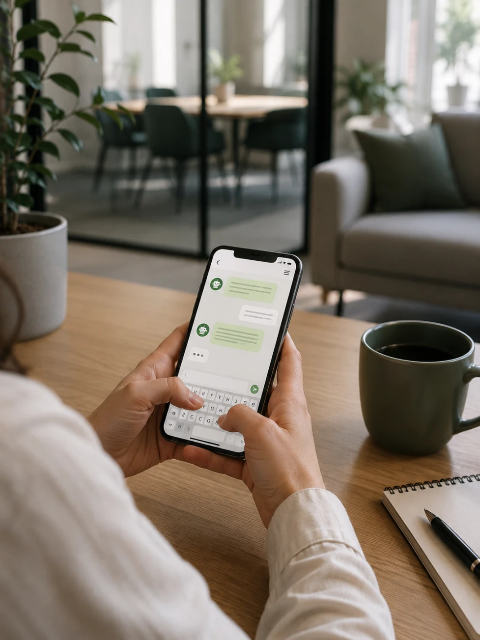 Collaboratrice utilisant un chatbot sécurisé sur son téléphone pour effectuer un signalement en entreprise.