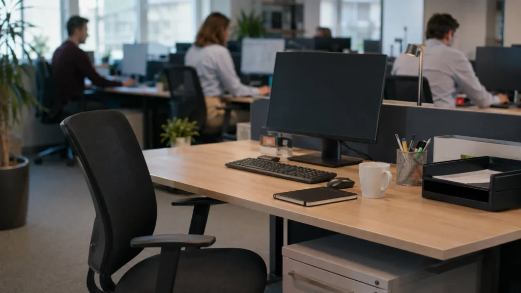 Poste de travail vide au premier plan d’un open space occupé, illustrant l’absentéisme en entreprise.