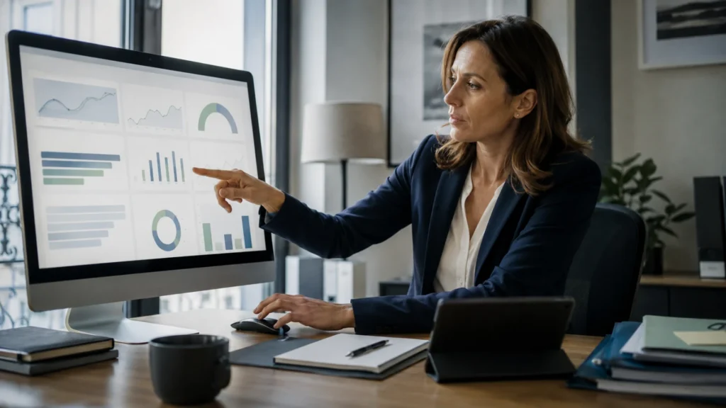 Professionnelle analysant un tableau de bord d’indicateurs sociaux sur un écran.