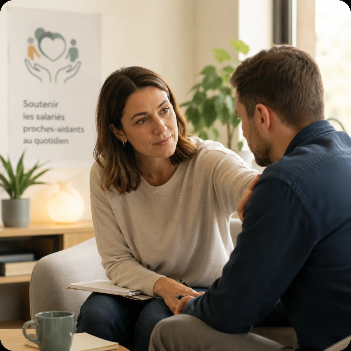 Programme de soutien psychosocial pour salariés proches aidants avec un accompagnement individuel par un consultant spécialisé en qualité de vie au travail.