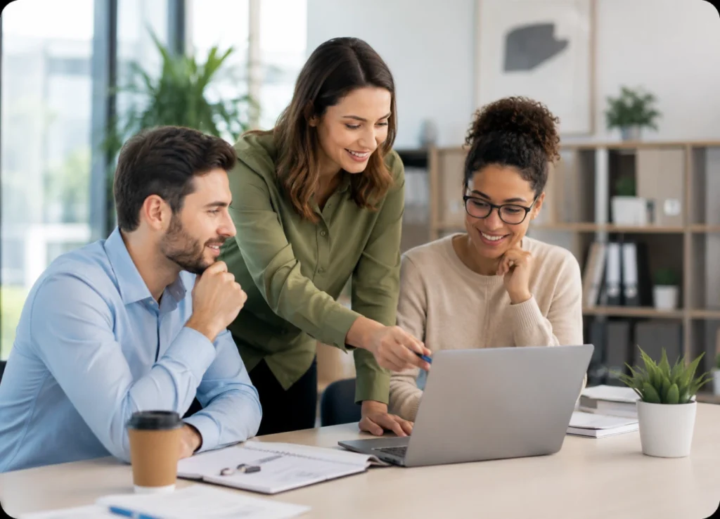 Équipe de collaborateurs échangeant autour d'un projet pour renforcer l'engagement, prévenir l'absentéisme et fidéliser les talents en entreprise.