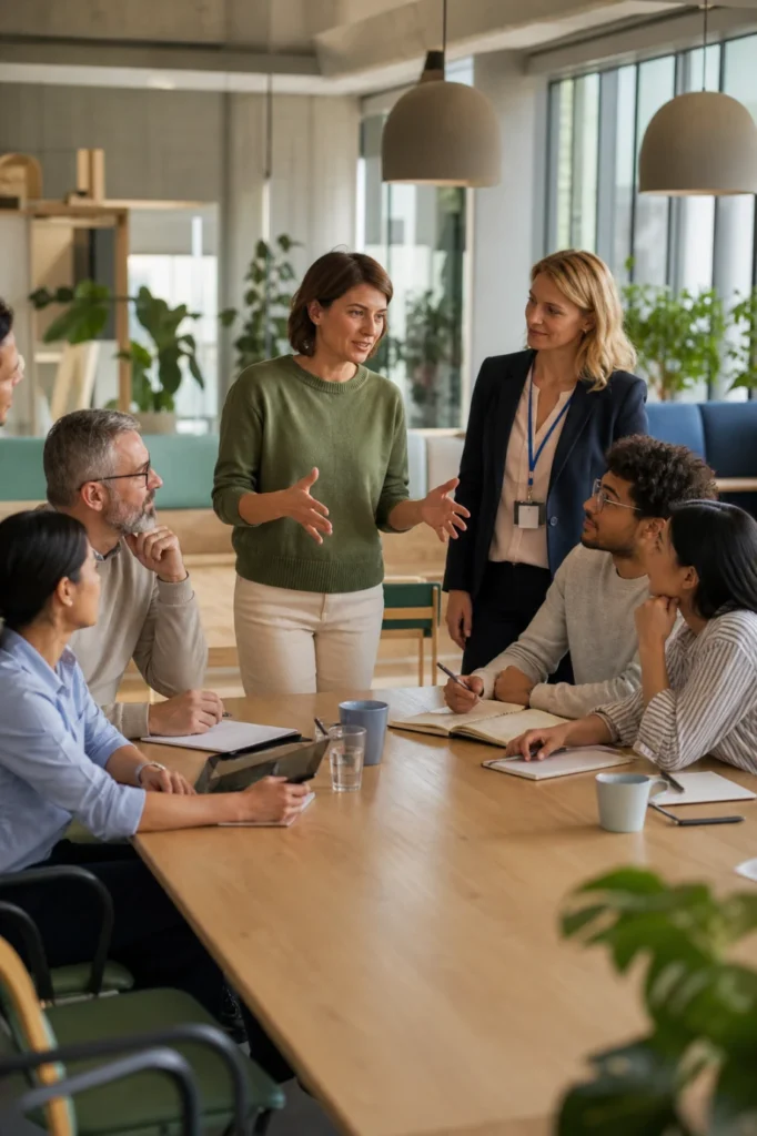 Réunion d’équipe dans un open space lumineux : un manager présente une nouvelle répartition des missions à des collaborateurs attentifs, avec une consultante externe