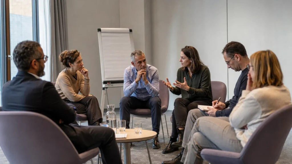 Groupe de professionnels en séance d’analyse de la pratique, disposés en cercle