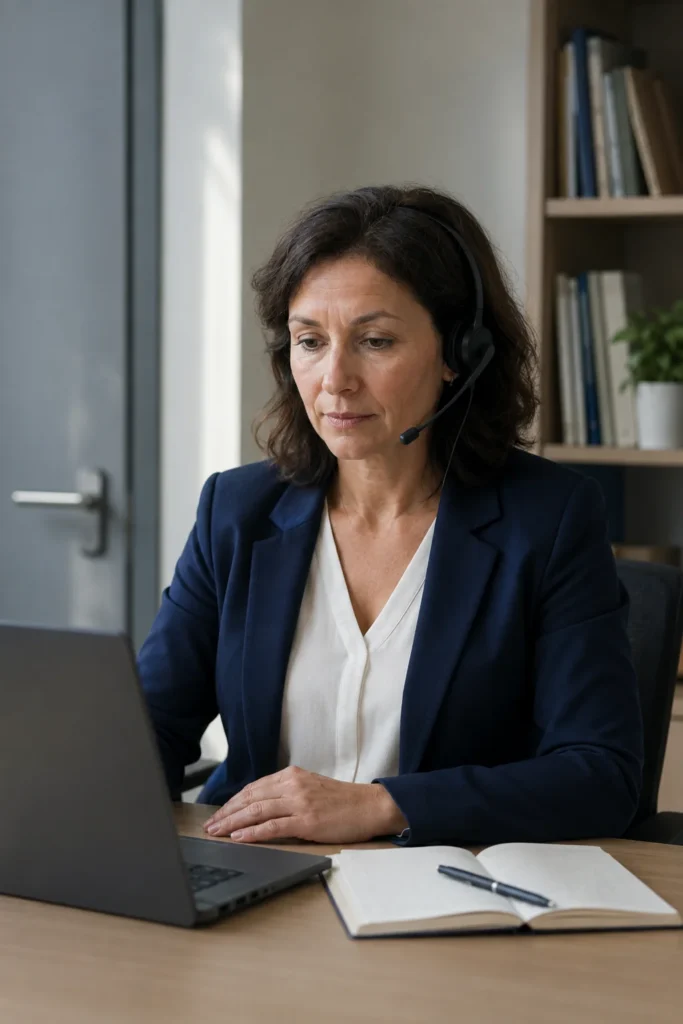 Assistante sociale déléguée en entreprise à l’écoute d’un salarié dans un bureau confidentiel