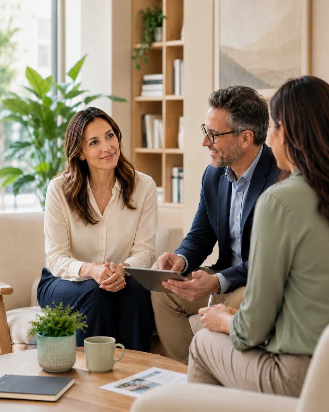 Échange entre une assistante sociale externalisée, une DRH et une collaboratrice dans un cadre professionnel chaleureux.